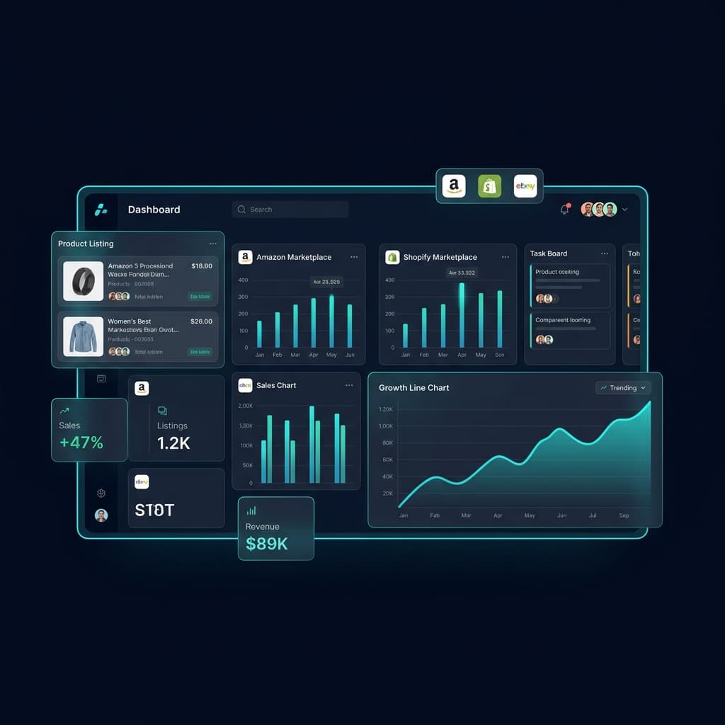 3S-SOFT eCommerce dashboard showing product listings, analytics, and marketplace management